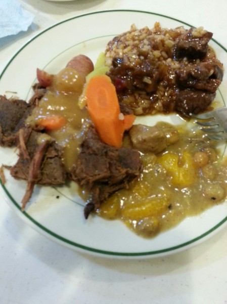 Wild game dinner dish 1 - Buffalo roast with gravy, sweet and sour Elk, Dutch oven Pheasant stew.